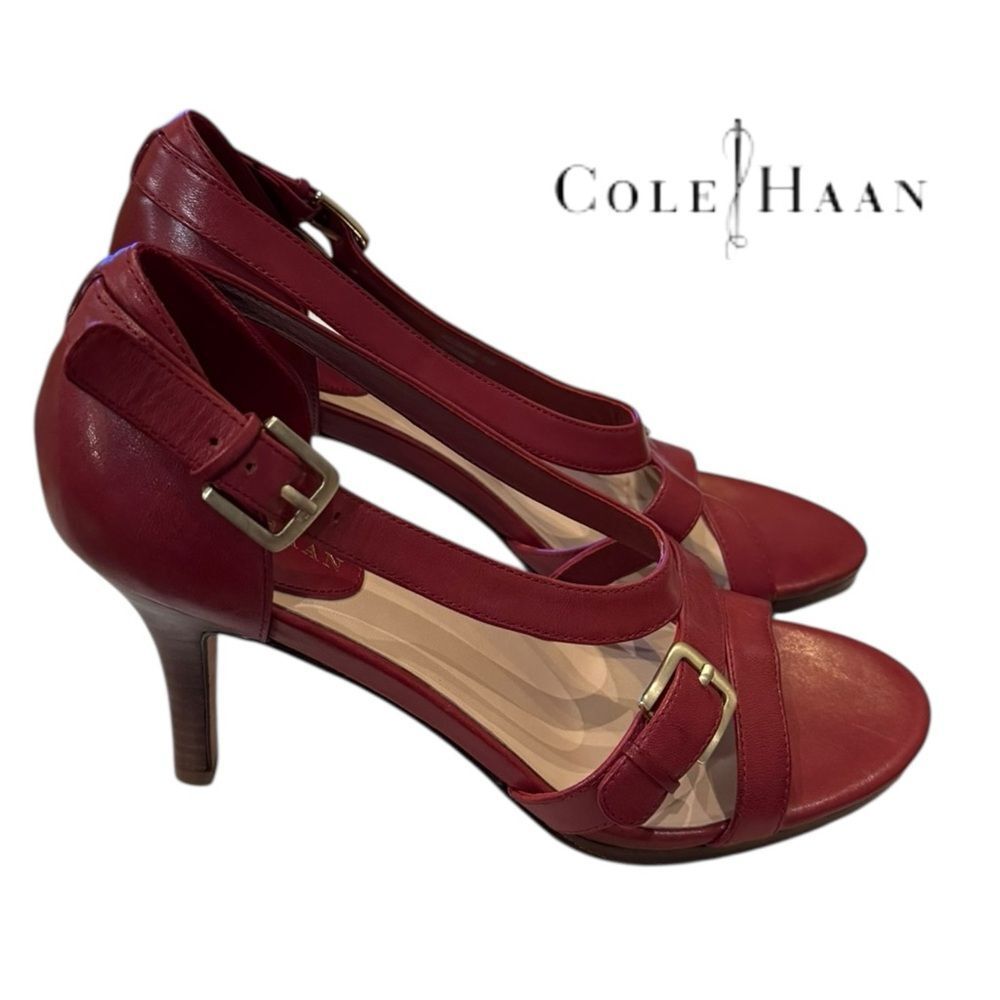 Cole Haan Women's Red Leather Double Buckle Heeled Sandals 7.5